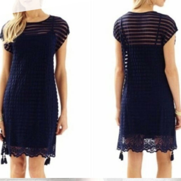 Lilly Pulitzer Adria Dress Navy Blue Mesh Stripe Tassel, XS - Picture 6 of 6